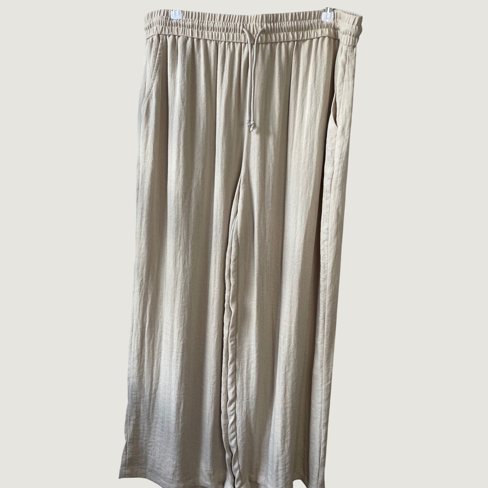 Halara High Waisted Wide Leg Linen-Feel Pants Cream Beige Pleated Flowy 1X